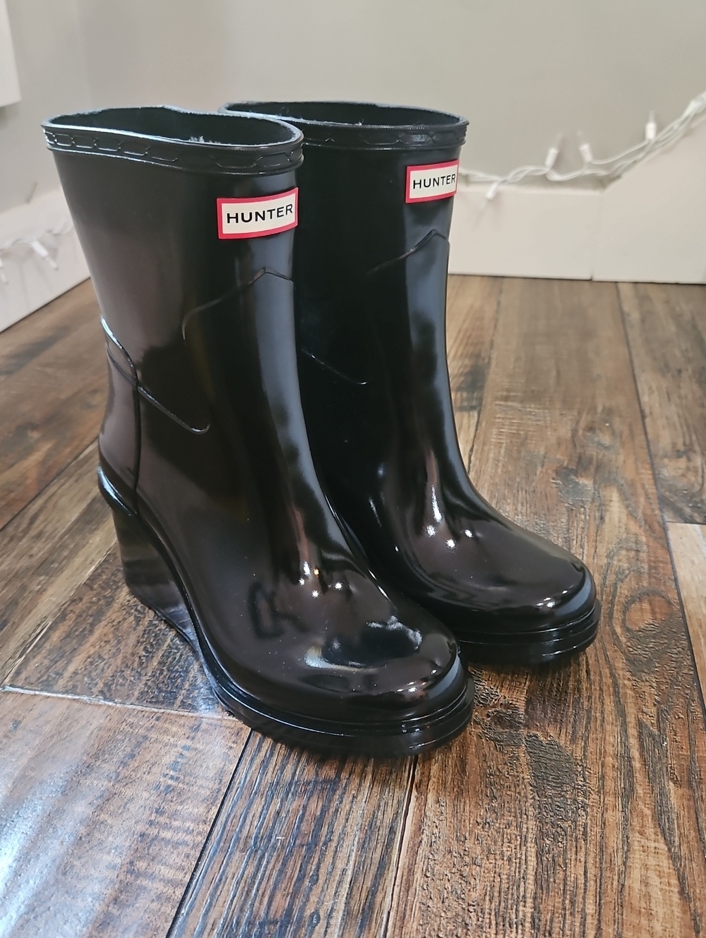 New! Hunter Wedge Heel Black Gloss Mid-Calf Rain Boots - Women's Waterproof